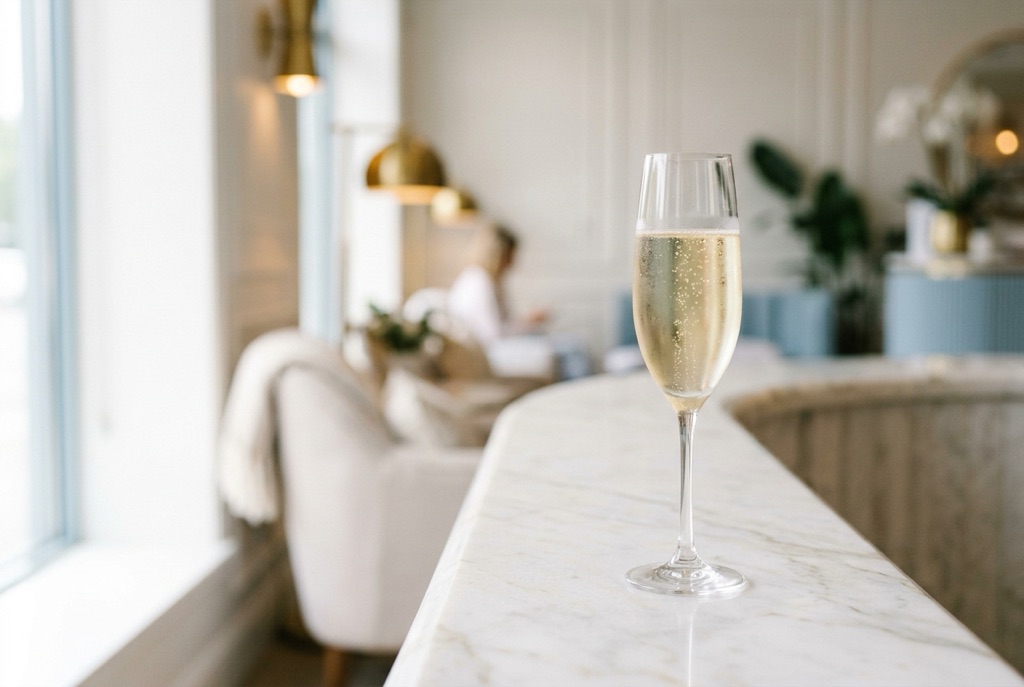 Glass of champagne on the marble counter in the salon lounge