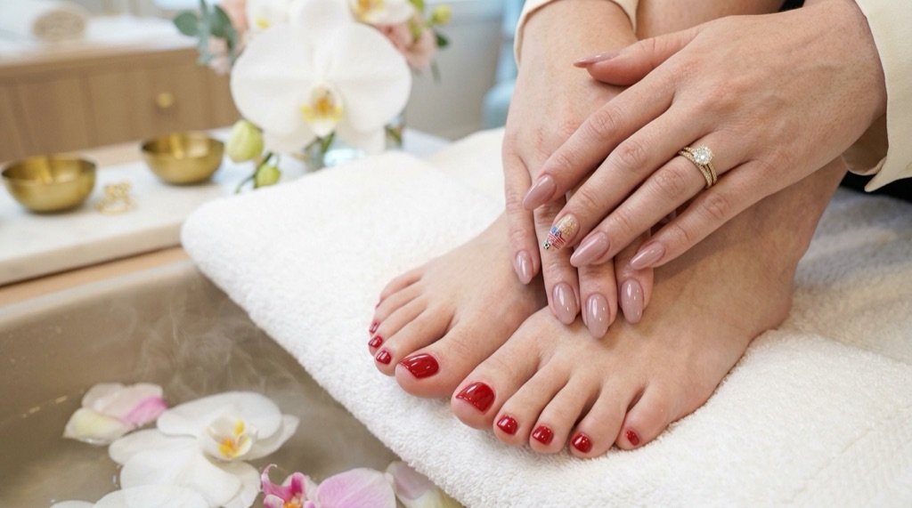 Classic red pedicure with a nude manicure during a spa soak