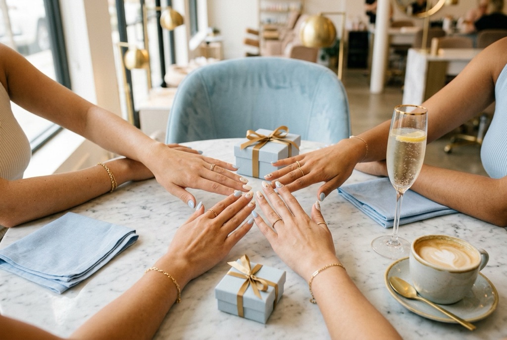 Friends showing off fresh manicures around a table with gifts and drinks